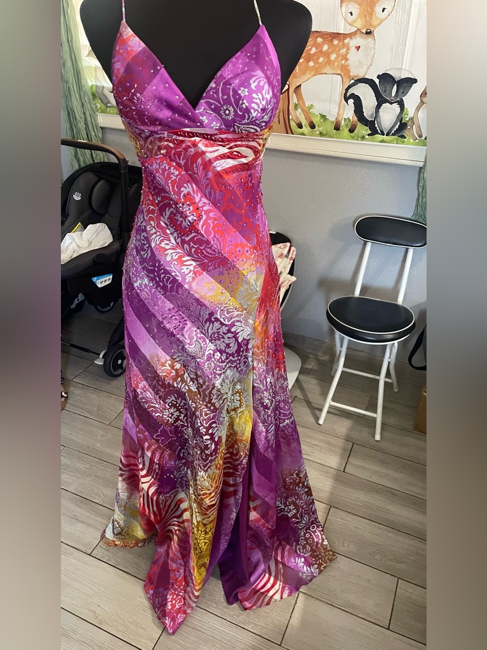 Mary L Couture Purple Multi-Color Satin Evening Gown
